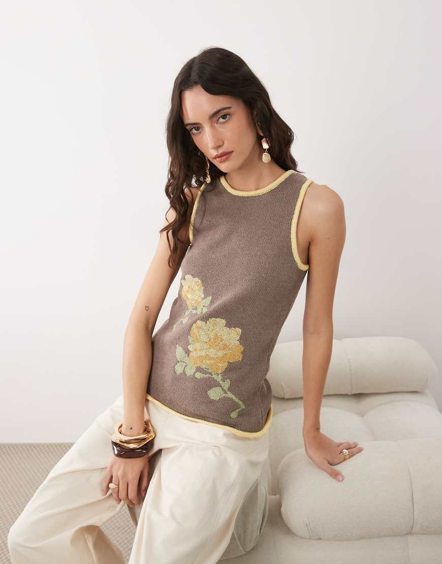 ASOS DESIGN knitted floral cross-stitch embroidered tank in brown | ASOS (Global)