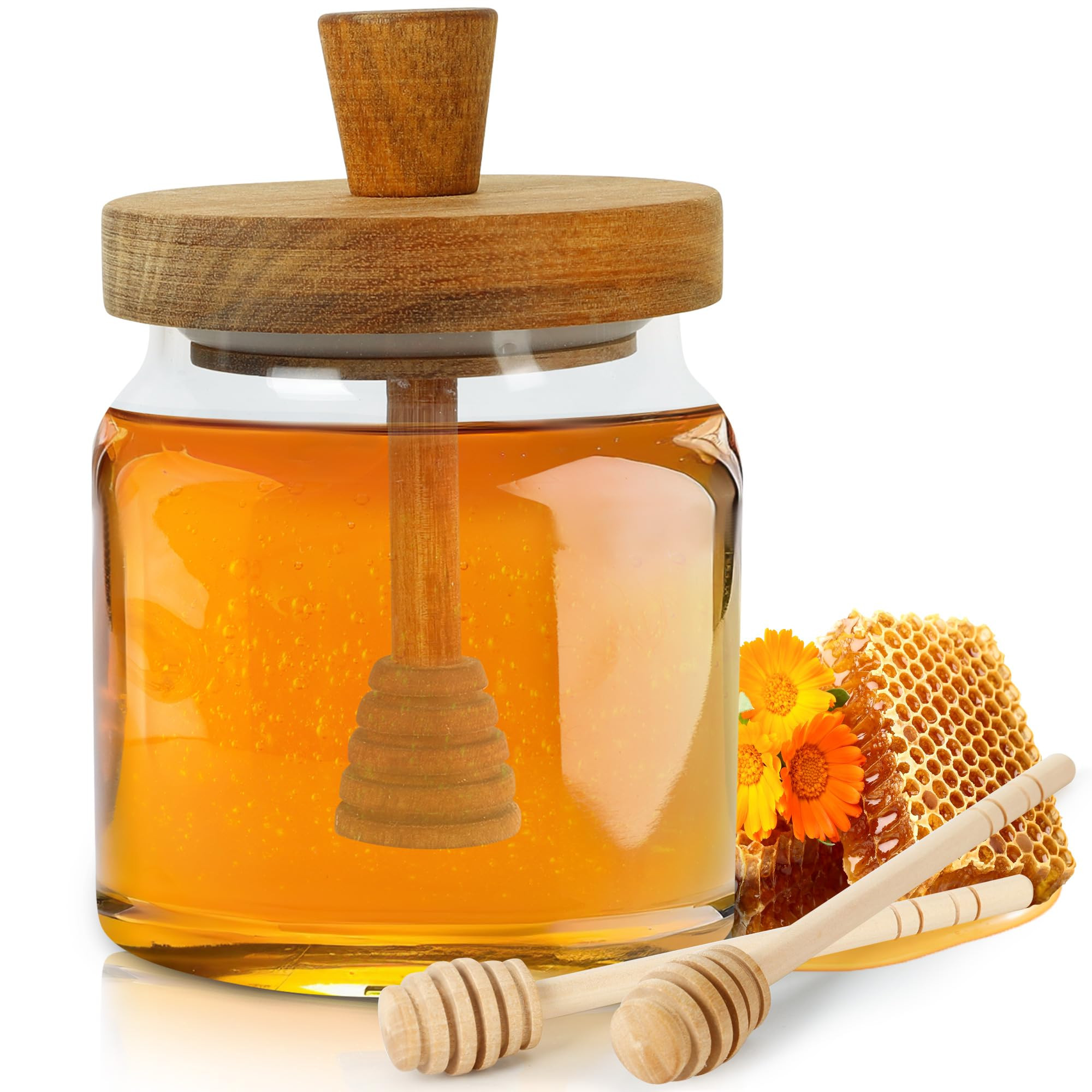 Honey Pot with Dipper and Lid - 18oz Glass Honey Jar with Wooden Honey Dippers Stick Set, Wide Mo... | Amazon (US)