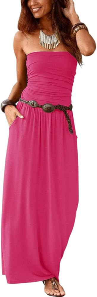 Alaster Queen Women’s Strapless Bandeau Summer Long Floral Dress Off Shoulder Beach Maxi Dress ... | Amazon (US)