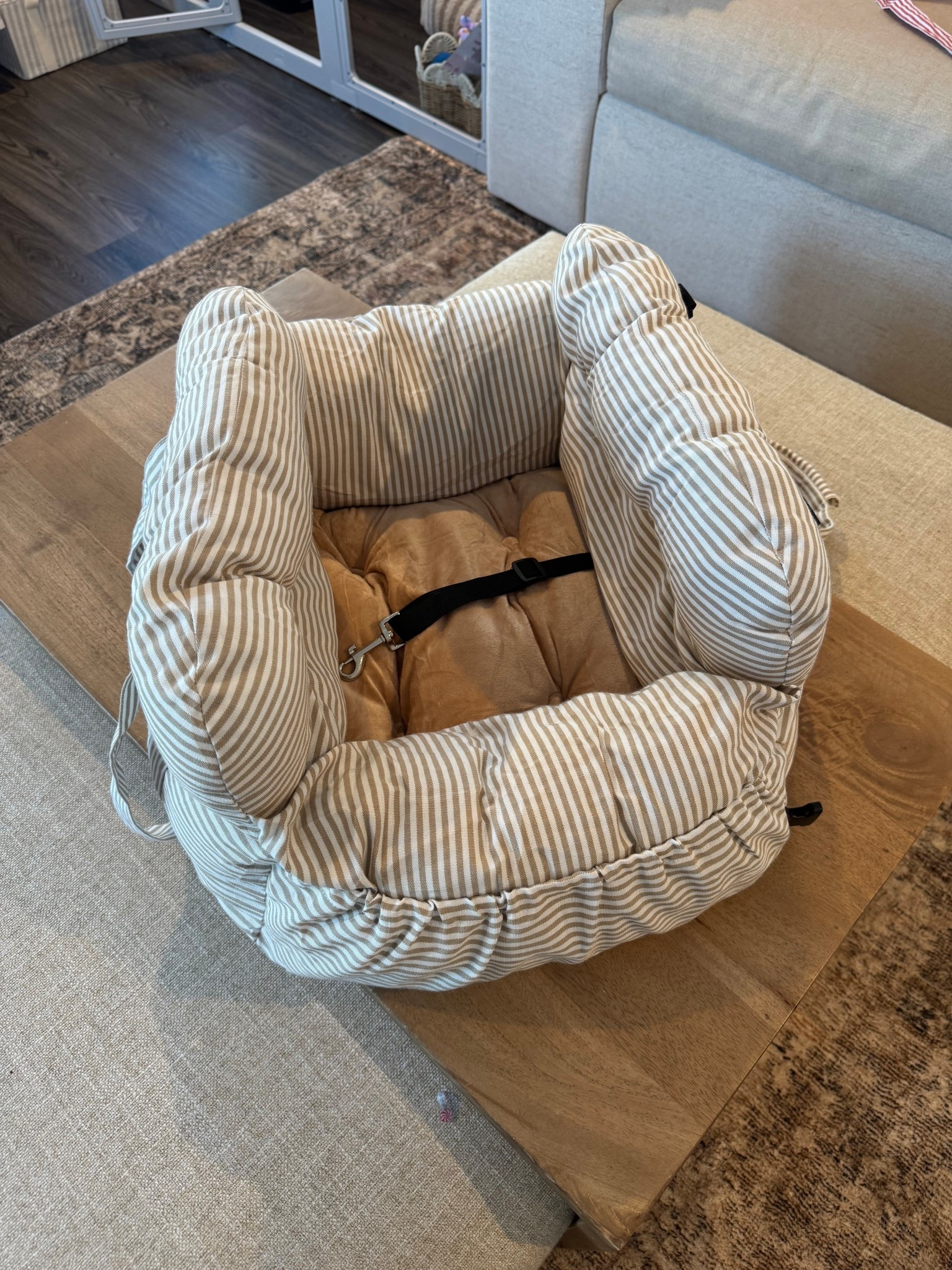 Portable Puppy/Dog car seat and carrier!!! I love this so much!! Feels super comfy and soft, has a ton of pockets on sides! Has straps to clip to seat and perfect for taking in and out of the car! Comes in so many colors and patterns perfect for traveling with our pup! 
