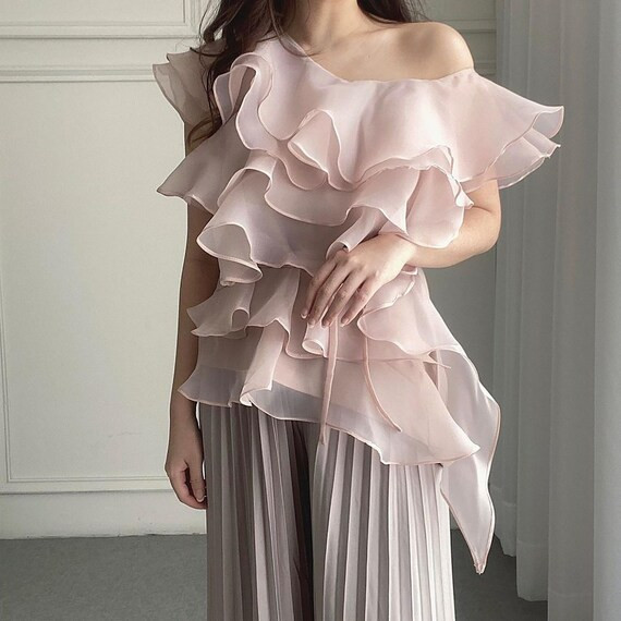Ruffled Women Formal Top Wedding Guest Casual Attire Sheer | Etsy | Etsy (US)