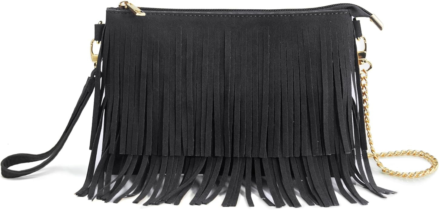 HOXIS Fringe Cross Body Bag Womens Small Shoulder Bag Top Zip Wristlet | Amazon (US)