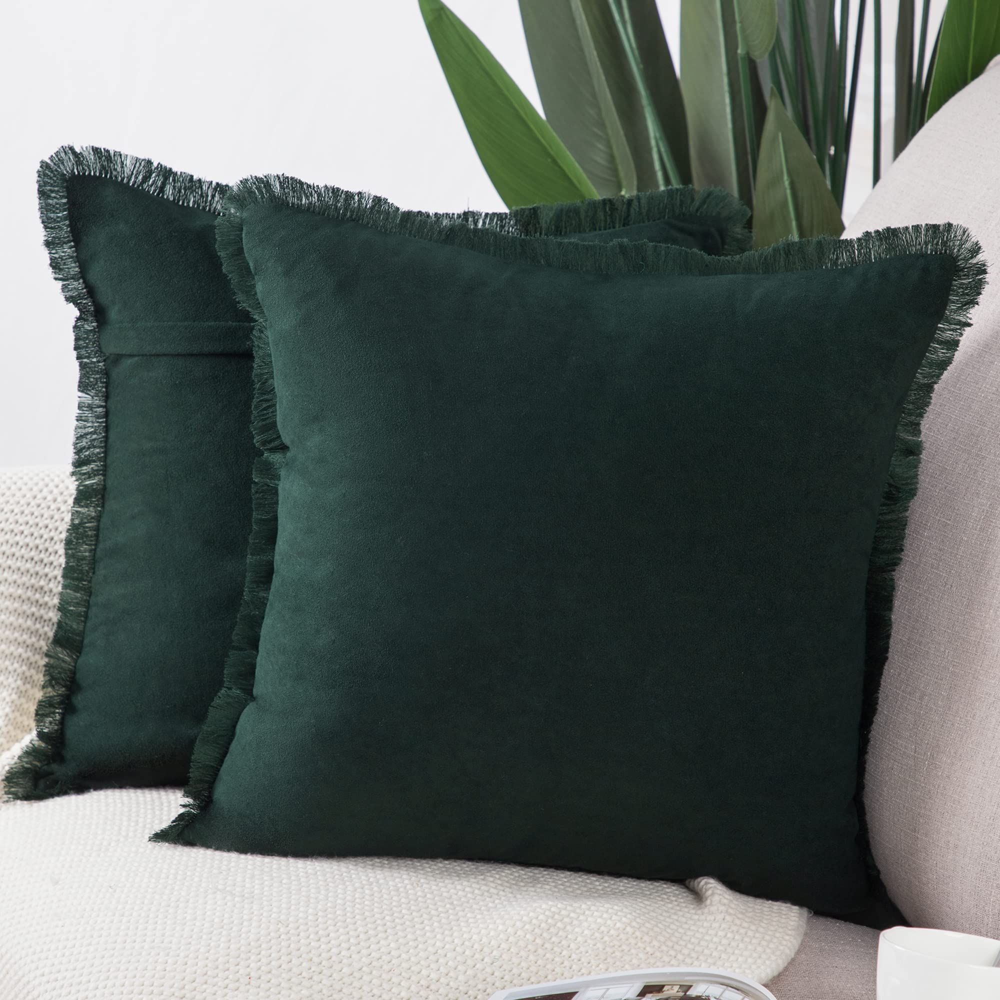 MADIZZ Set of 2 Suede Throw Pillow Covers with Fringe Tassels 16x16 Inch Dark Green Soft Decorative  | Amazon (US)