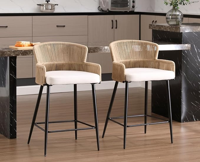 Woven Counter Height Bar Stools Set of 2 Beige Linen Counter Stools 26 Inch Farmhouse Barstools w... | Amazon (US)