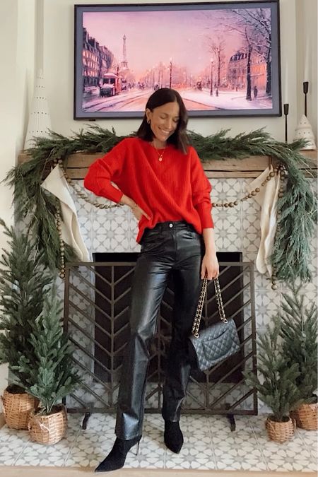 Holiday outfit idea 
Red Cashmere sweater is a loose fit, wearing an xxs, go up for a looser fit 
Faux leather leggings run small, I recommend sizing up- wearing a 24
If you wear them with heels they’re short gal friendly, if you’re weeping them with flats you’ll need to hem them an inch or two 

#LTKHoliday
