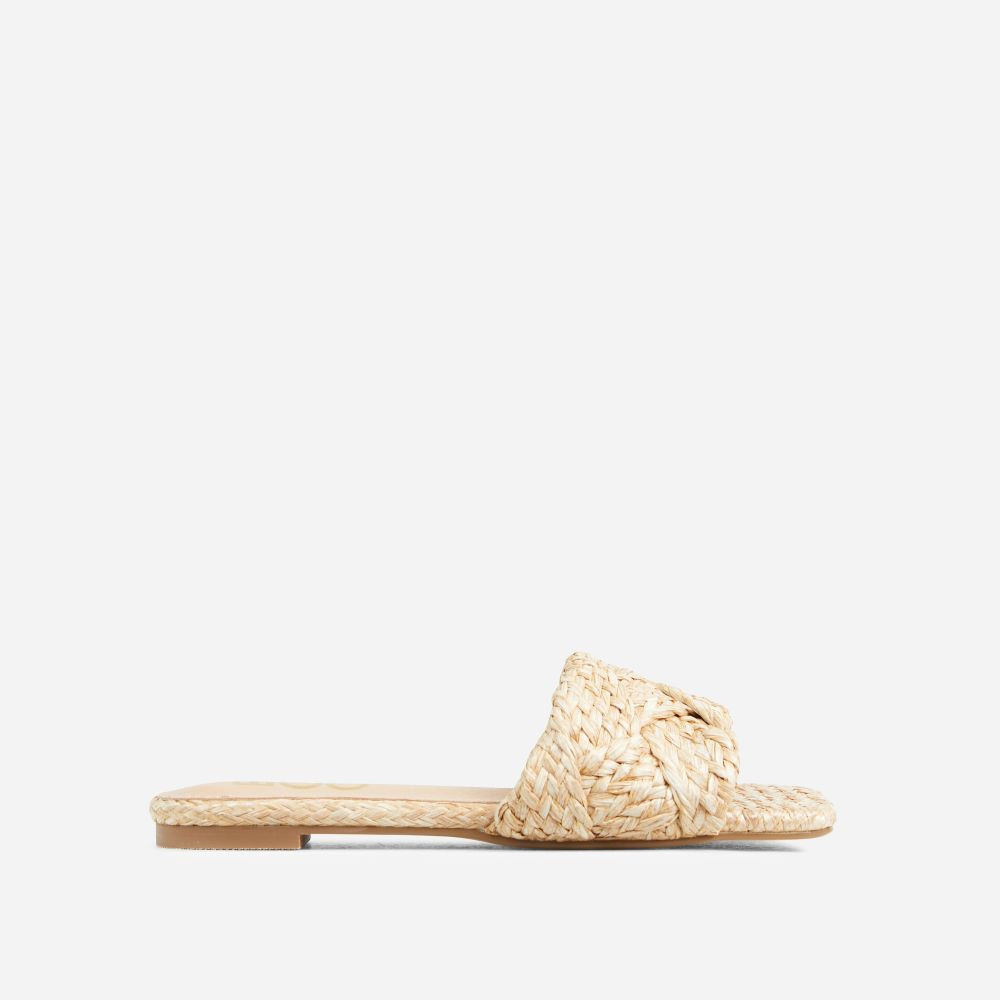Over-You Woven Detail Square Toe Flat Slider Sandal In Nude | EGO (UK)