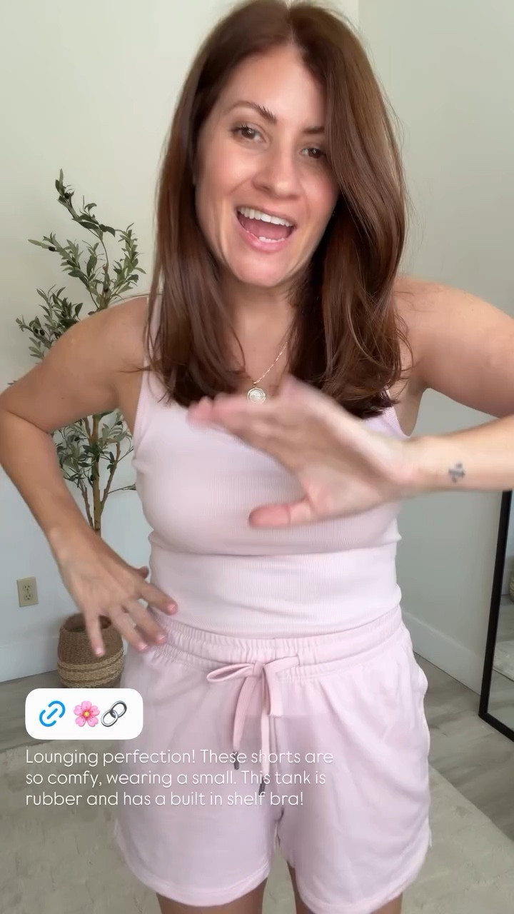 Lounging perfection! These shorts are so comfy, wearing a small. This tank is rubber and has a built in shelf bra!