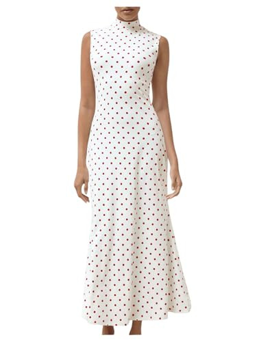 Milumia Women's Polka Dots Maxi Tank Dress Vintage Mock Neck Sleeveless Elegant Long Dresses White and Red X-Small | Amazon (US)