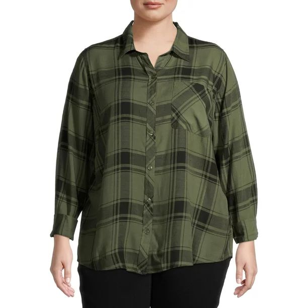 Terra & Sky Women's Plus Size Plaid Pocket Button Down Shirt | Walmart (US)