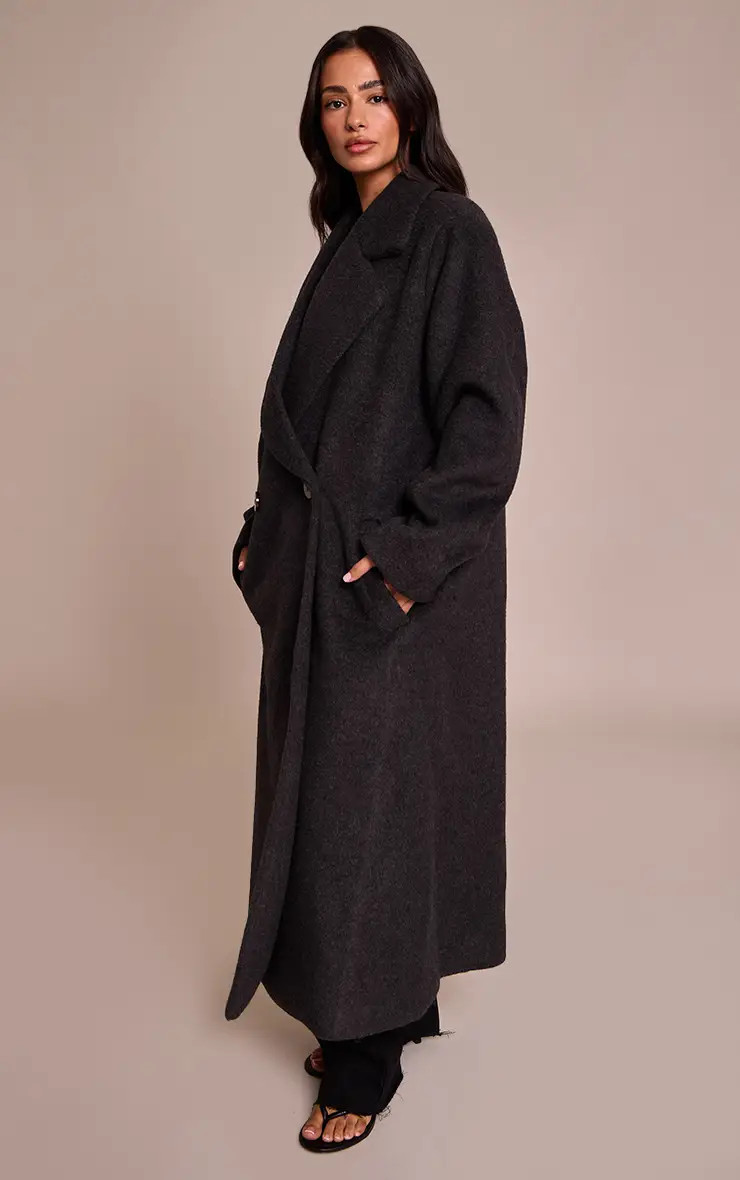 Petite Charcoal Brushed Wool Maxi Coat | PrettyLittleThing US