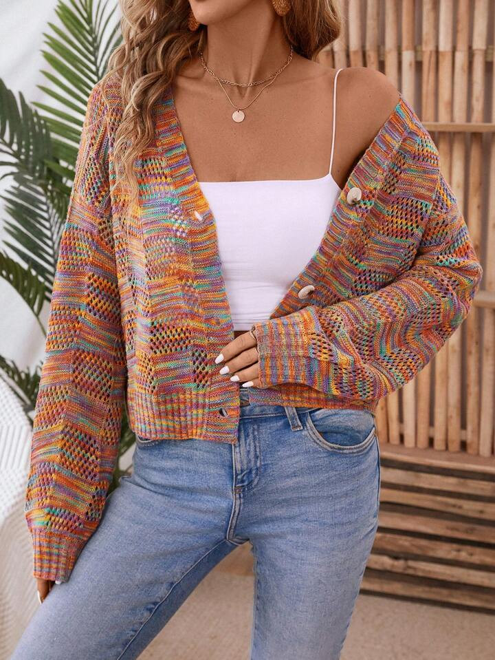 SHEIN LUNE Women's Loose Fit Drop Shoulder Long Sleeve Cardigan With Colorful Texture And Single ... | SHEIN