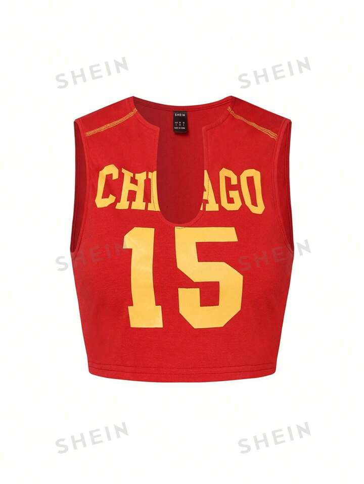 SHEIN Coolane Letter Graphic Notched Neckline Tank Top | SHEIN