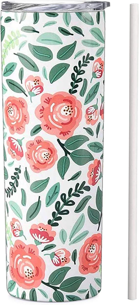 Floral Print Vacuum Insulated Stainless Steel Skinny Tumbler with Straw - Coffee Mug with Lid - T... | Amazon (US)