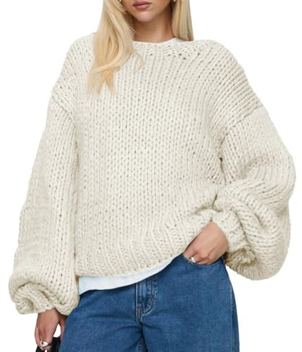 Saodimallsu Womens Oversized Sweater Chunky Knit Puff Long Sleeve Crewneck Fall Winter Casual Pullover Tops Beige | Amazon (US)