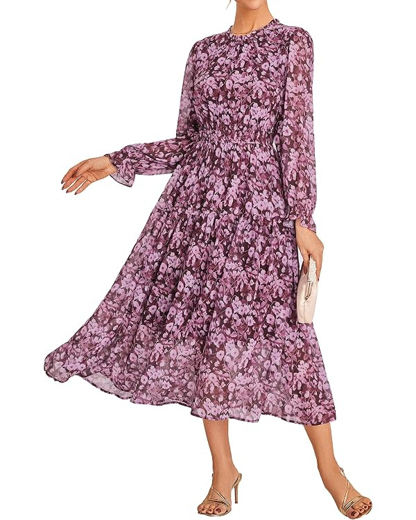 GRACE KARIN Women's Floral Long Sleeve Fall Wedding Guest Maxi Dress | 2026 Chiffon,Side Pockets,... | Amazon (US)