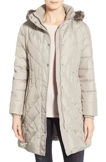 Petite Women's London Fog Down & Feather Fill Coat With Faux Fur Trim, Size Small P - Grey | Nordstrom