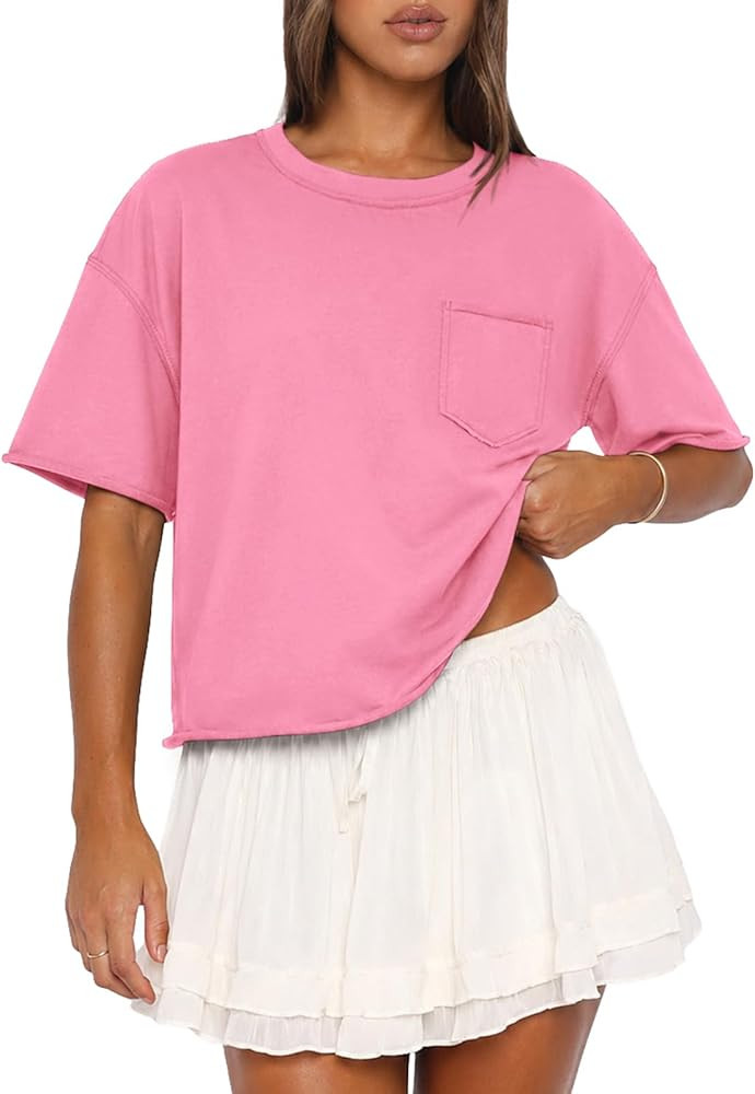 ATHMILE Womens Crop Tops Workout Shirts Gym Oversized Spring Summer Basic Tees Short Sleeve Casua... | Amazon (US)