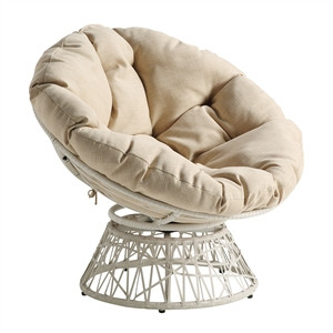 Papasan Chair with Cream Round Fabric Pillow Cushion and Cream Wicker Weave | Cymax