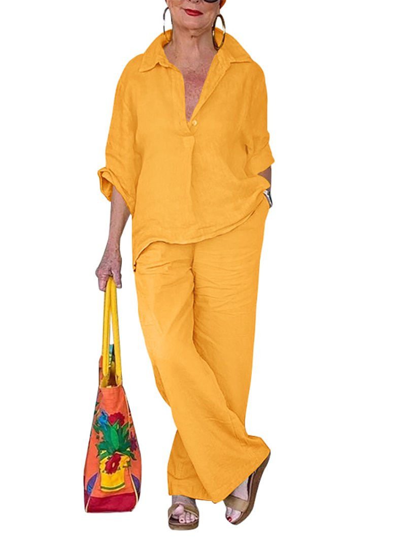 ZANZEA Womens Elastic Waist Cotton Linen Suit 3/4 Sleeve Tops Long Trousers Set | Walmart (US)