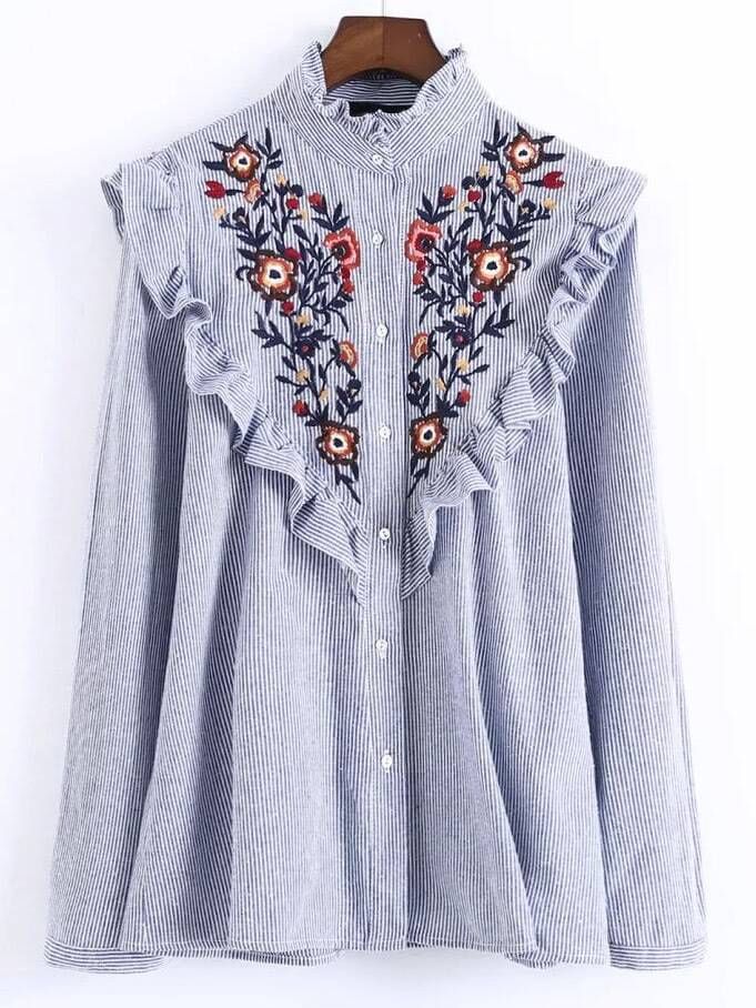 Blue Vertical Striped Flower Embroidered Ruffle Shirt | ROMWE