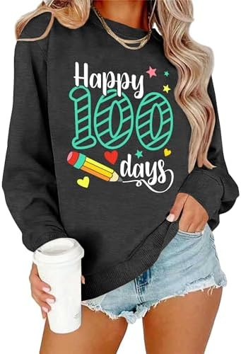 Ithalt 100 Days of School Shirt for Women Happy 100 Days of School Sweatshirt Teacher Graphic Lon... | Amazon (US)