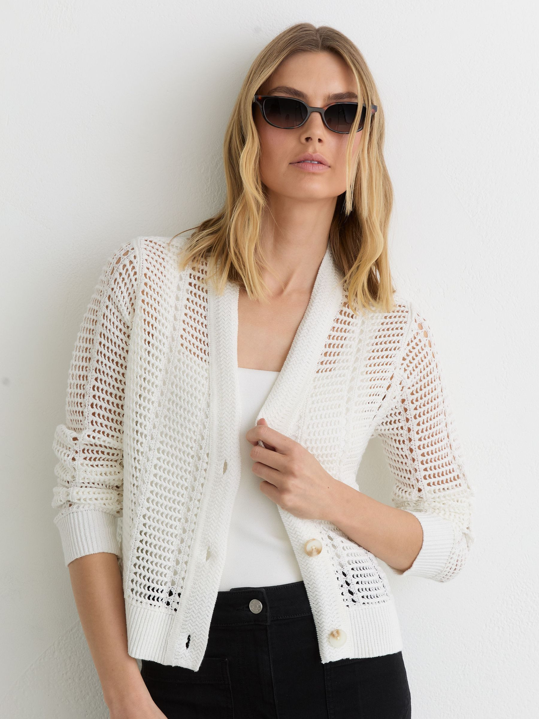 Reiss Open-Knit Button-Through Cardigan in Ivory | REISS | Reiss US
