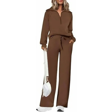 PRETTYGARDEN Women s 2 Piece Outfits Casual Lapel Half Zip Sweatshirts And Wide Leg Pants Tracksuit Sets | Walmart (US)