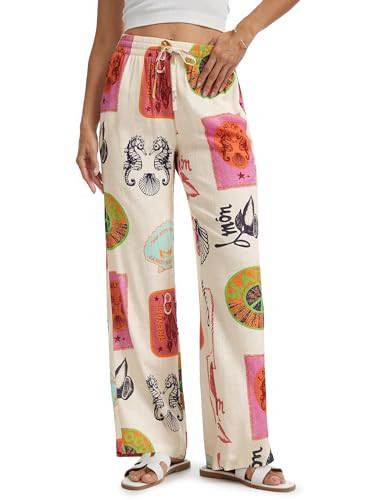 Tapata Women 28/30/32/34 Inseam Printed Linen Pants Wide Leg Drawstring Elastic Waist Casual Pala... | Amazon (US)