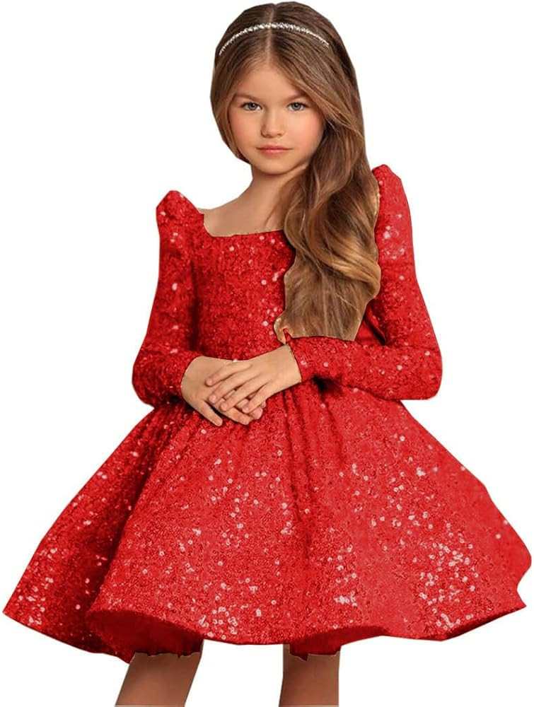Sequin Flower Girl Dress Long Sleeves Pageant Dress Short First Communion Dress with Bow Knot | Amazon (US)