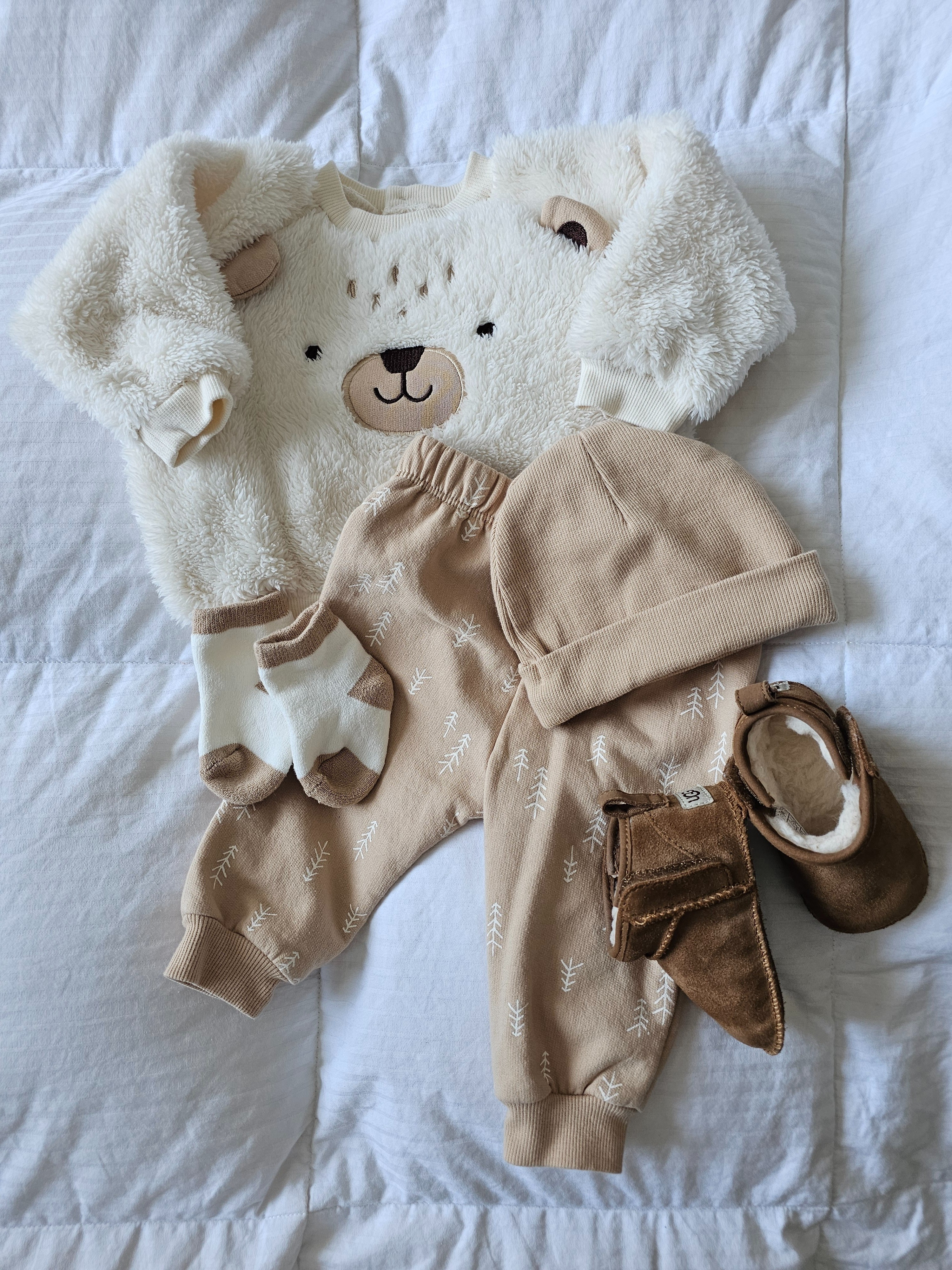 Unisex baby cozy teddy outfit 🐻, beige printed joggers, ivory teddy bear fleece crew neck sweat shirt, beige beanie hat, two tone crew socks, baby ugg boots. Linking the closest matches. 

#LTKootd #LTKgrwm #LTKBaby