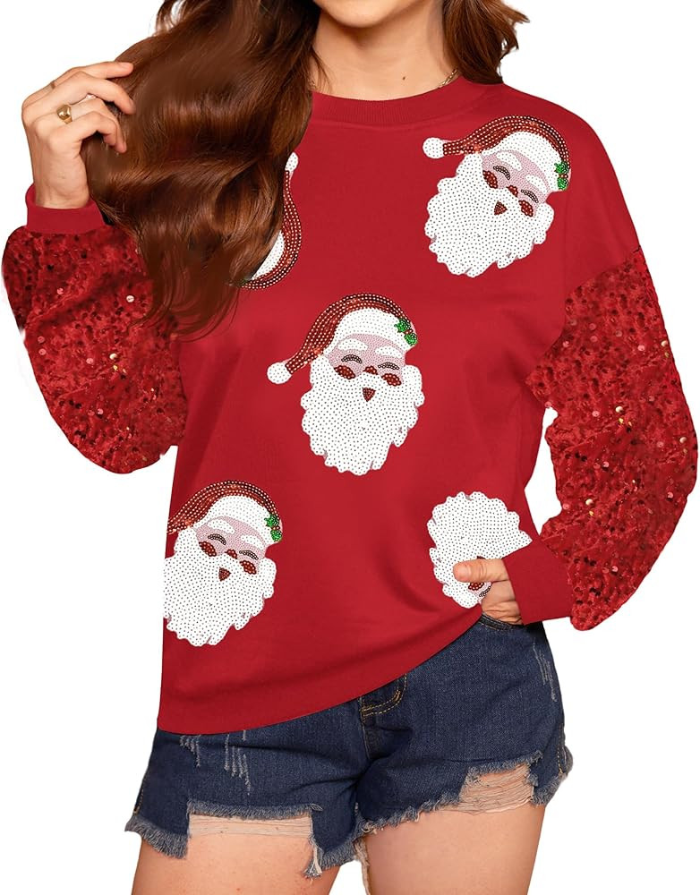 For G and PL Women's Christmas Sequin Long Sleeve Sweatshirts Holiday Crewneck Tops | Amazon (US)