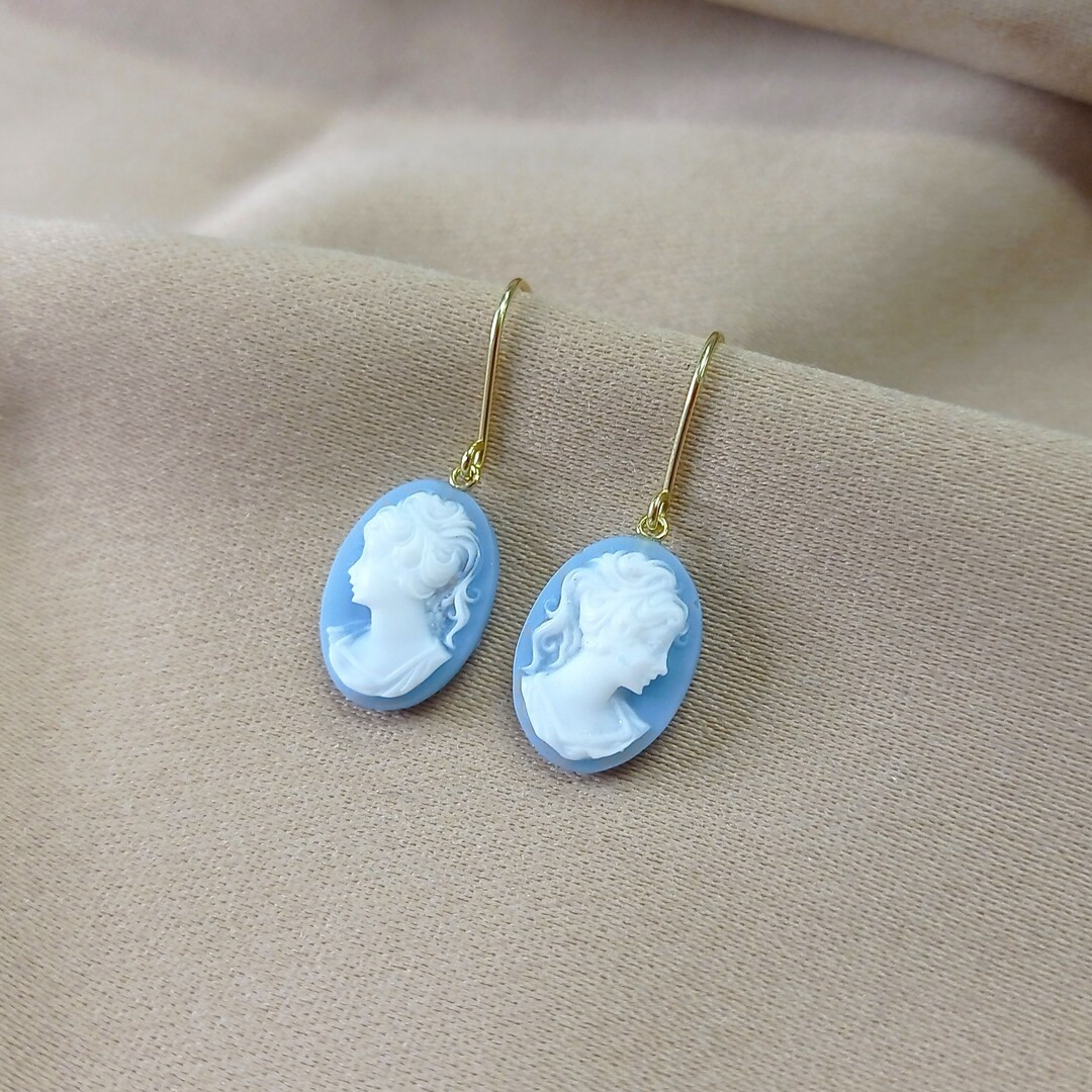 Blue Cameo Earrings, 18K Gold Cameo Earrings, Victorian Earrings, Cameo Earrings, Small Cameo Ear... | Etsy (US)