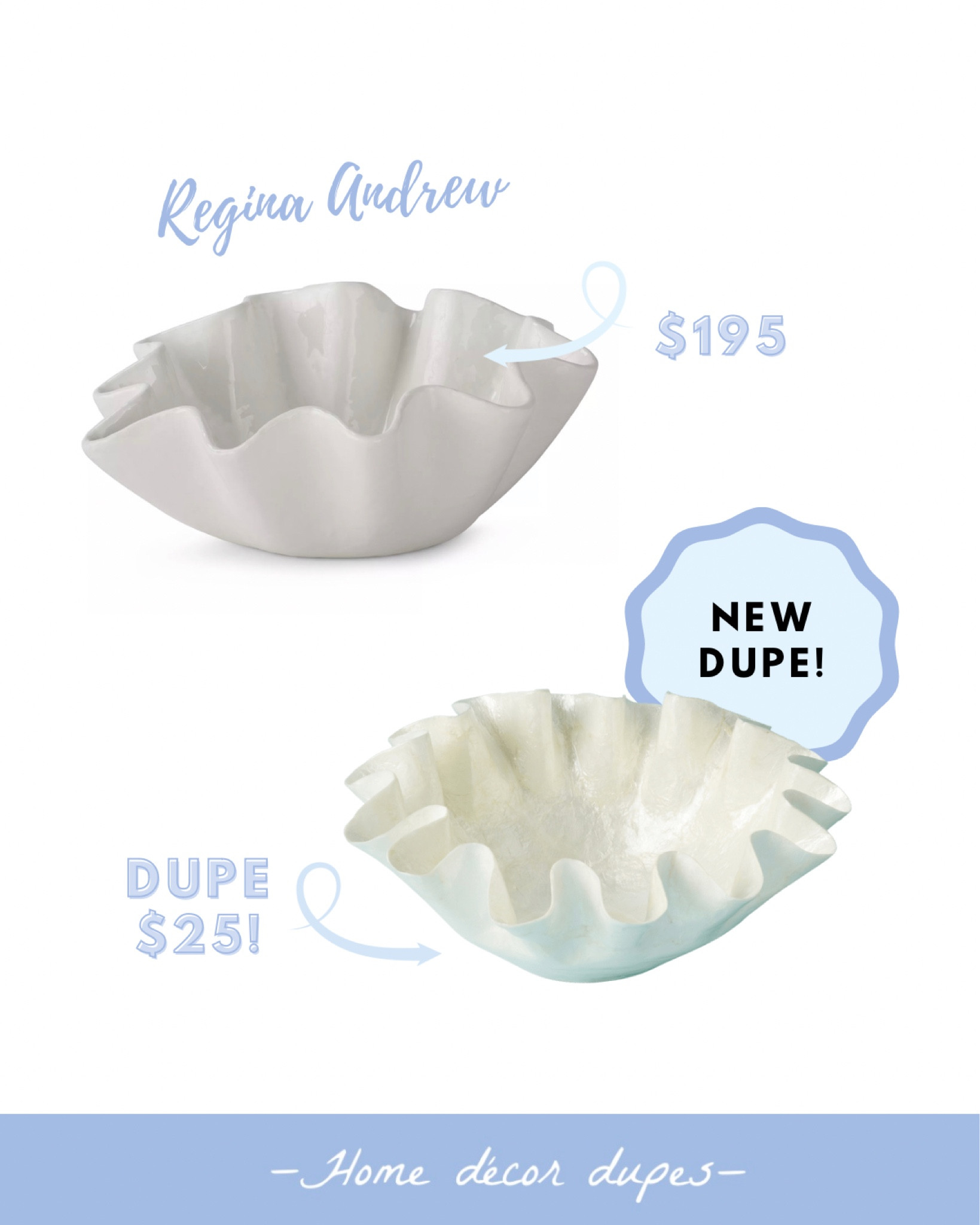 So excited about this new dupe for 3 reasons!! 1. It’s a Regina Andrew dupe 🙌🏻, 2. it’s SCALLOPED, and 3. probably best of all its only $25!!! 👏🏻👏🏻👏🏻 

Made of pretty capiz, this pretty ruffle bowl is a great new coastal piece to add to your coffee table, console of bookshelf! Would also make a great gift!

#LTKhome #LTKunder50 #LTKGiftGuide