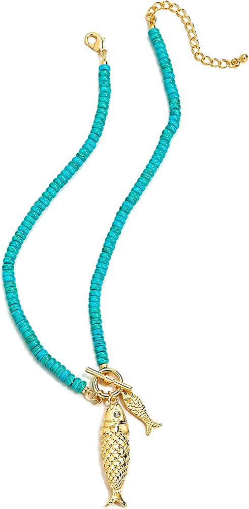 Fish Jewelry for Women, Turquoise Beaded Fish Pendant Necklace, Boho Beach Summer Necklace, Green... | Amazon (US)