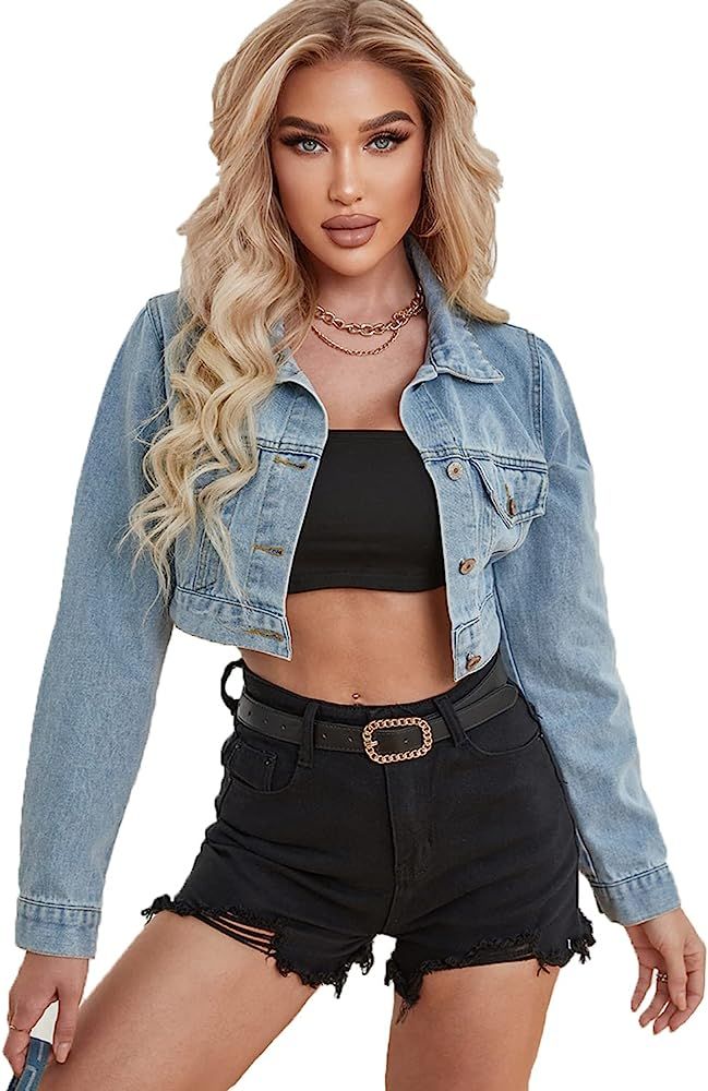 Women's Distressed Cropped Denim Jean Jacket Long Sleeve with Pocket… | Amazon (US)