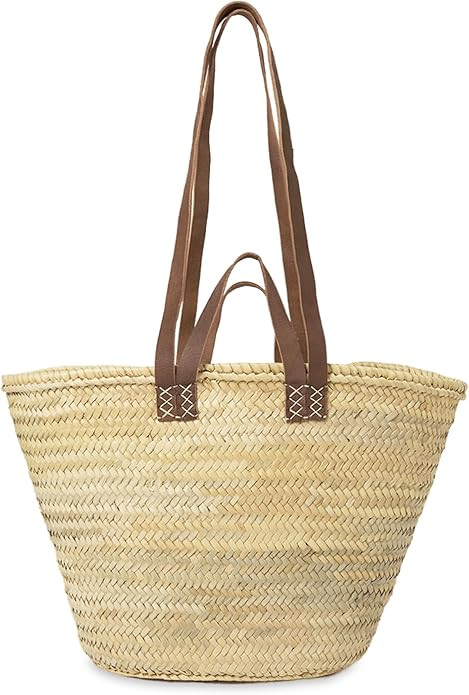 FRENCH MARKET BASKET with double flat leather handles, straw bag, beach bag, basket bag, shopping... | Amazon (US)