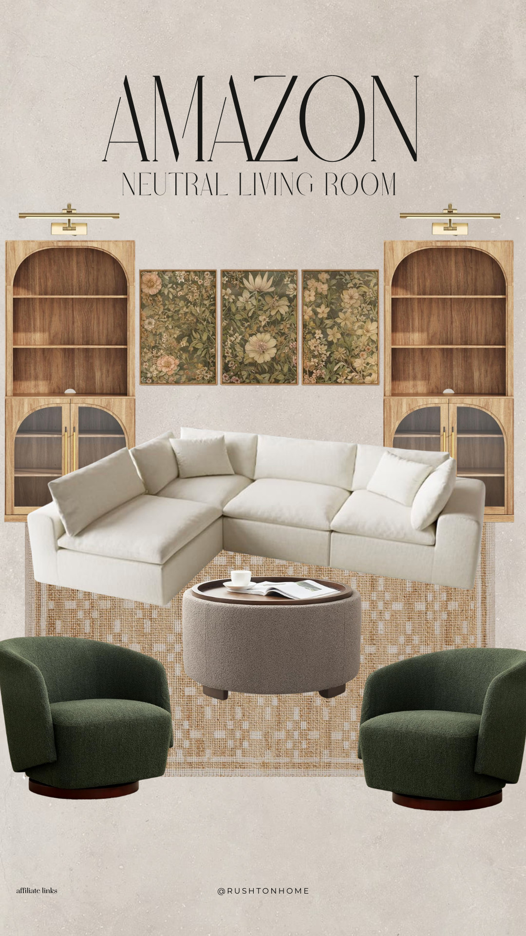 Neutral living room amazon, amazon living room decor, organic modern living room, neutral sectional styling, cozy living room design, green accent chairs living room, wood cabinet styling, gallery wall neutral art, warm neutral home decor, textured rug living room, modern classic living room, affordable living room decor, curated living space, earthy tones living room, designer inspired amazon finds, layered living room decor, home styling inspiration, neutral aesthetic home, high end look for less decor 

 #LTKHome