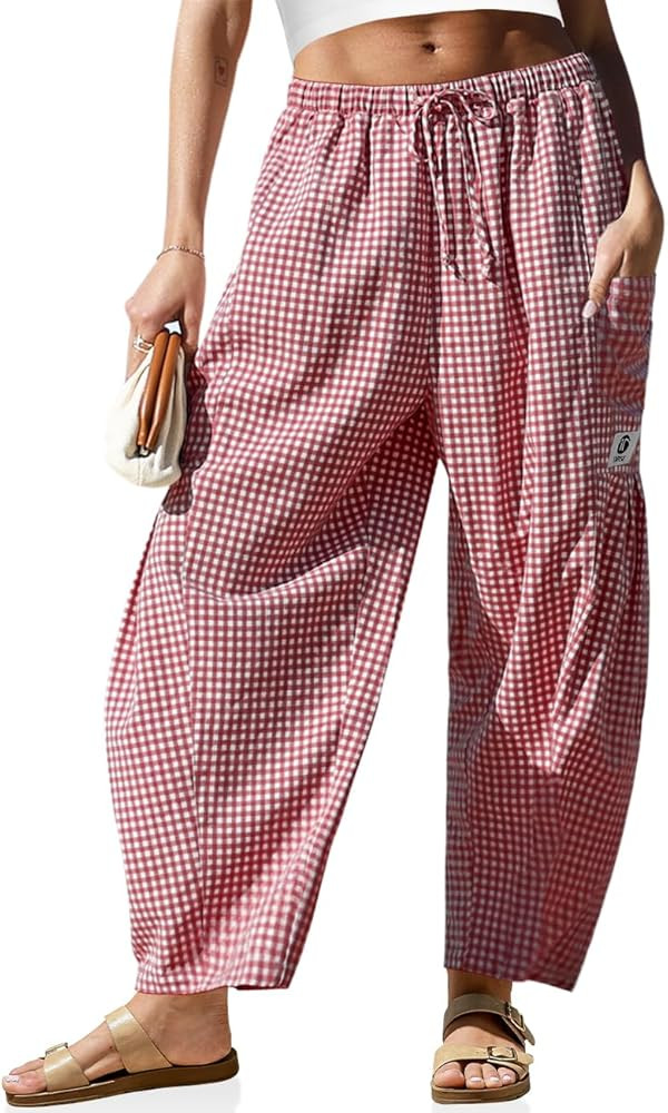 TARSE Womens Wide Leg Striped Plaid Pants Casual Barrel Loose Drawstring Low Waist Palazzo Harem ... | Amazon (US)