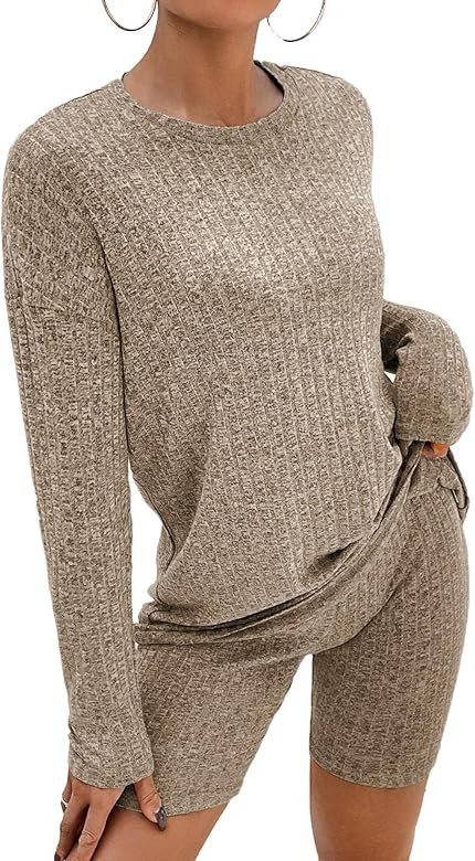 Ekouaer Pajamas 2 Piece Lounge Sets Ribbed Knit Matching Outfits T-shirt Biker Shorts Sleepwear L... | Amazon (US)