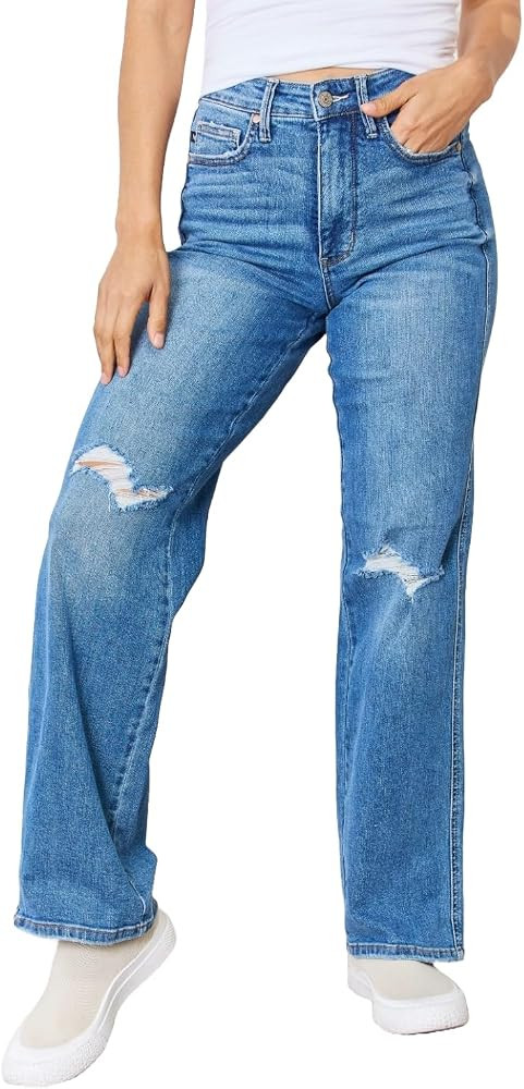Judy Blue Women's High Rise Tummy Control Solid Five Pocket Straight Jeans | Amazon (US)