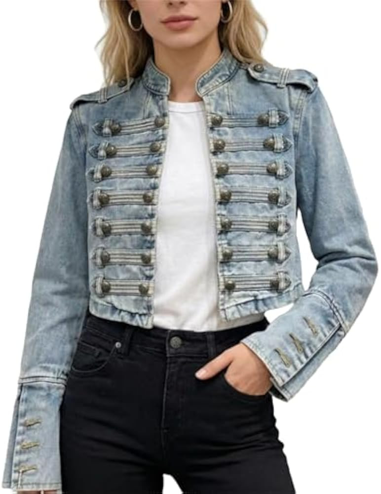 Women's Military Denim Jacket Steampunk Jean Jacket Stand Collar Vintage Gothic Coat Double Breas... | Amazon (US)