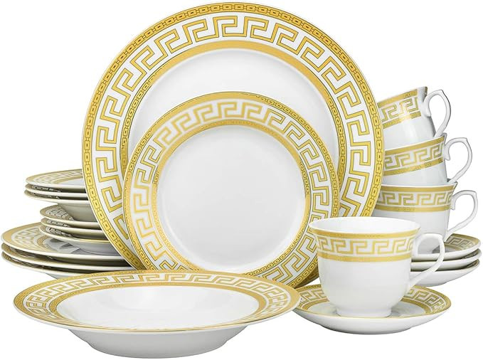 Vintage Gold 60 piece Dinnerware Dish Serving Set 'Greek Key Gold' - HQ Fine China Tableware Serv... | Amazon (US)