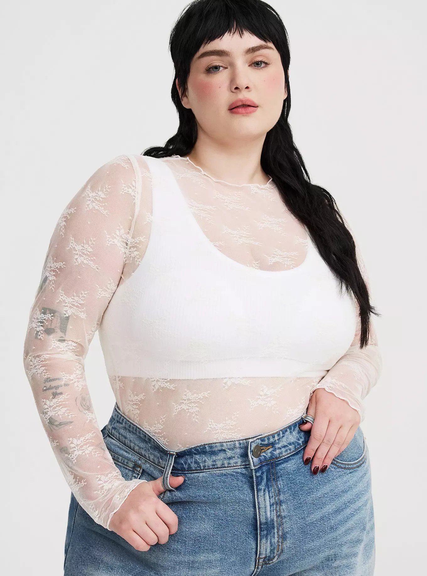 Sheer Lace Long Sleeve Crew Top | Torrid (US & Canada)