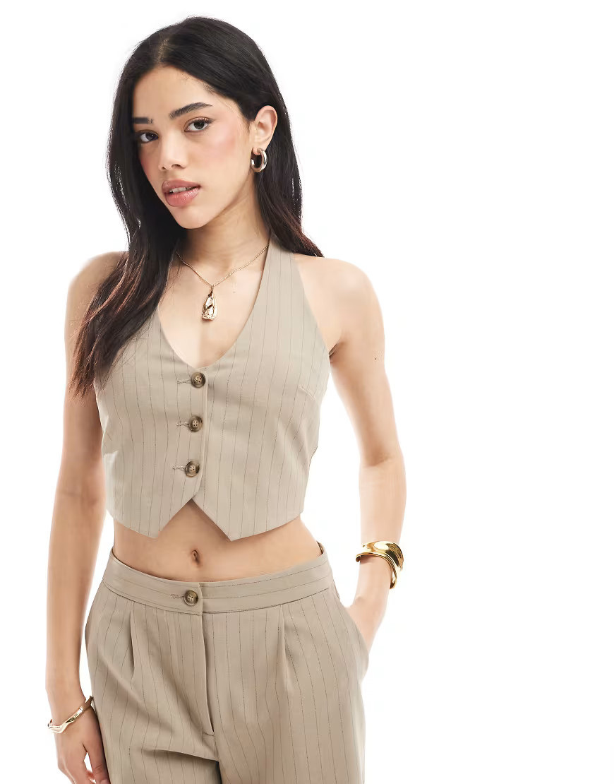 Miss Selfridge co-ord tailored halter waistcoat in brown pinstripe | ASOS (Global)