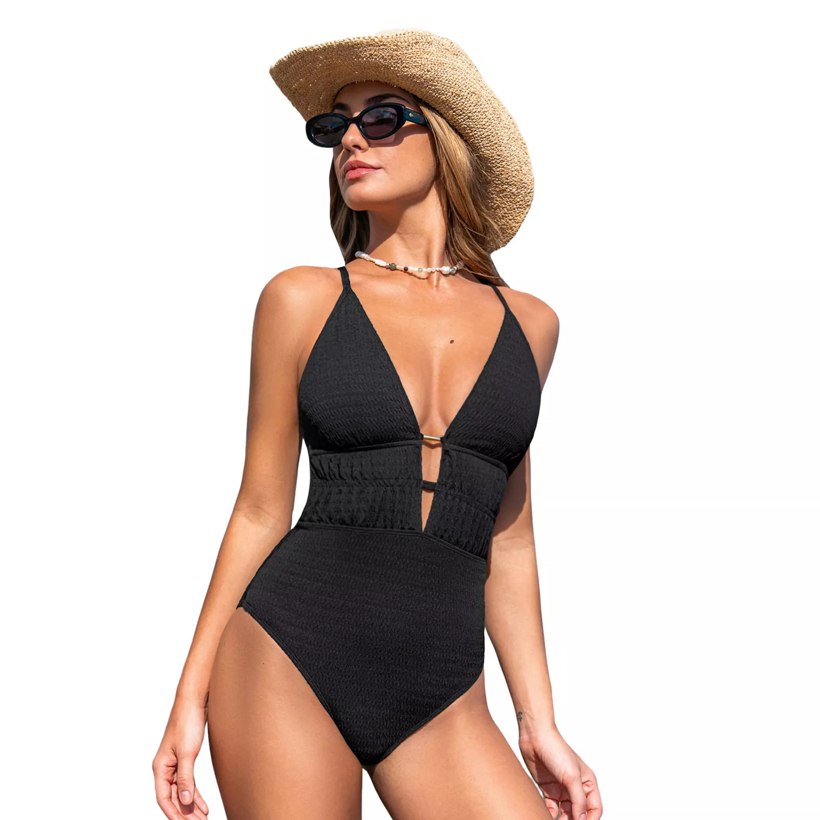 Women's Cupshe Plunging Neck Cutouts Textured One-Piece Swimsuit, Size: Medium, Black | Kohl's
