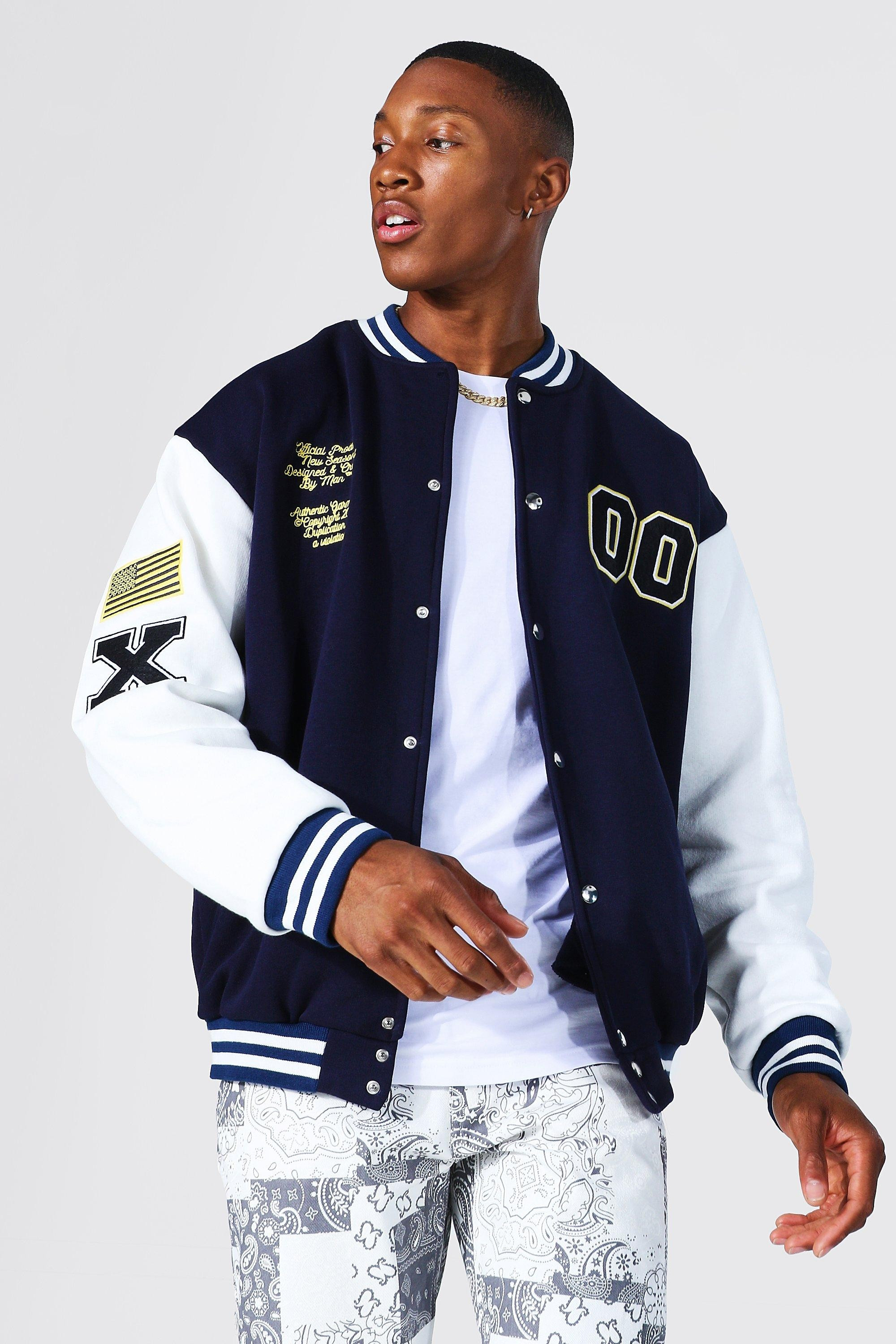 Jersey Varsity Bomber Jacket With Badges | boohooMAN (DE, IE & UK)