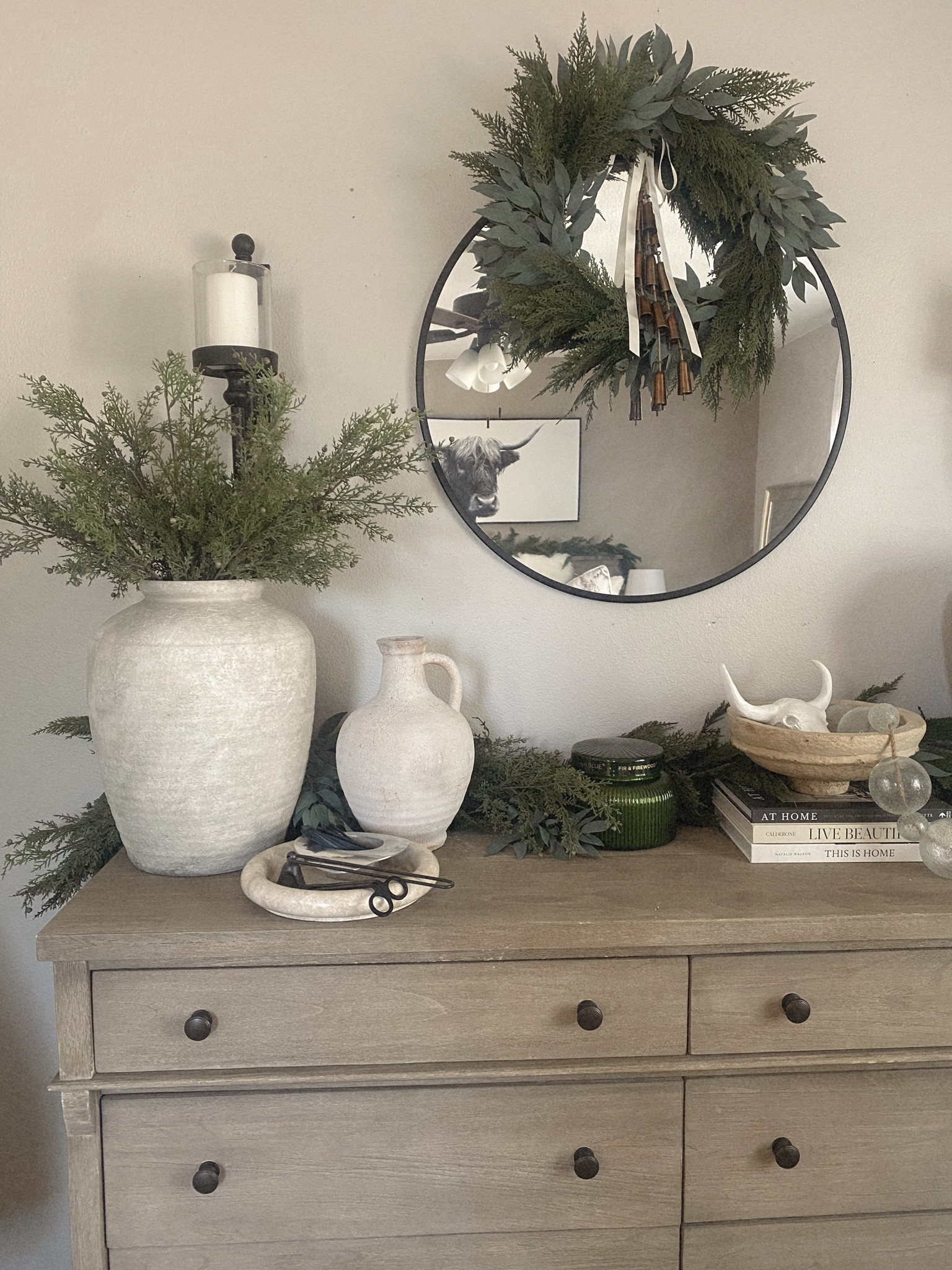 Christmas decor, seasonal styling, holiday decor, master bedroom, dresser styling, Pottery Barn, Target home, Anthropologie, McGee & Co, Amazon, Capri Blue

#LTKhome #LTKSeasonal