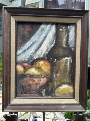 MCM Still Life Oil on Masonite Bowl of Fruit and A Bottle of Wine OOAK Vtg | eBay US