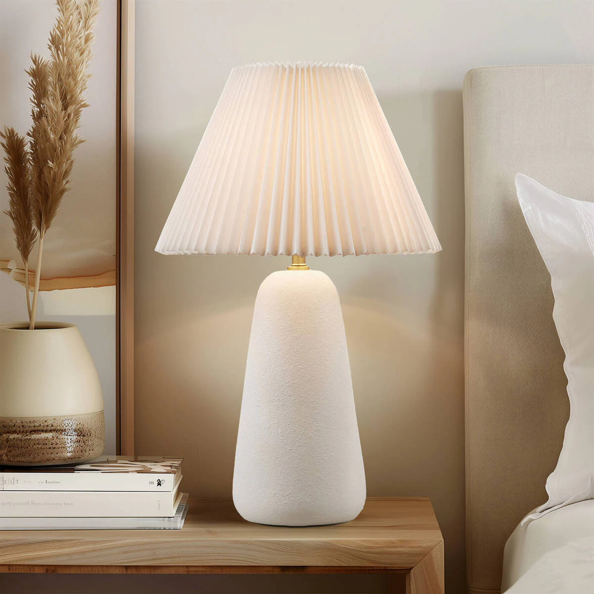 JUSHUA White Textured Ceramic Table Lamp with Fluted Fabric Shade and Decorative Accent Lighting | Lowe's