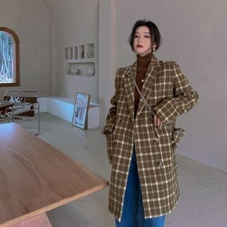 Double Breasted Plaid Long Coat As Shown In Figure - One Size | YesStyle Global